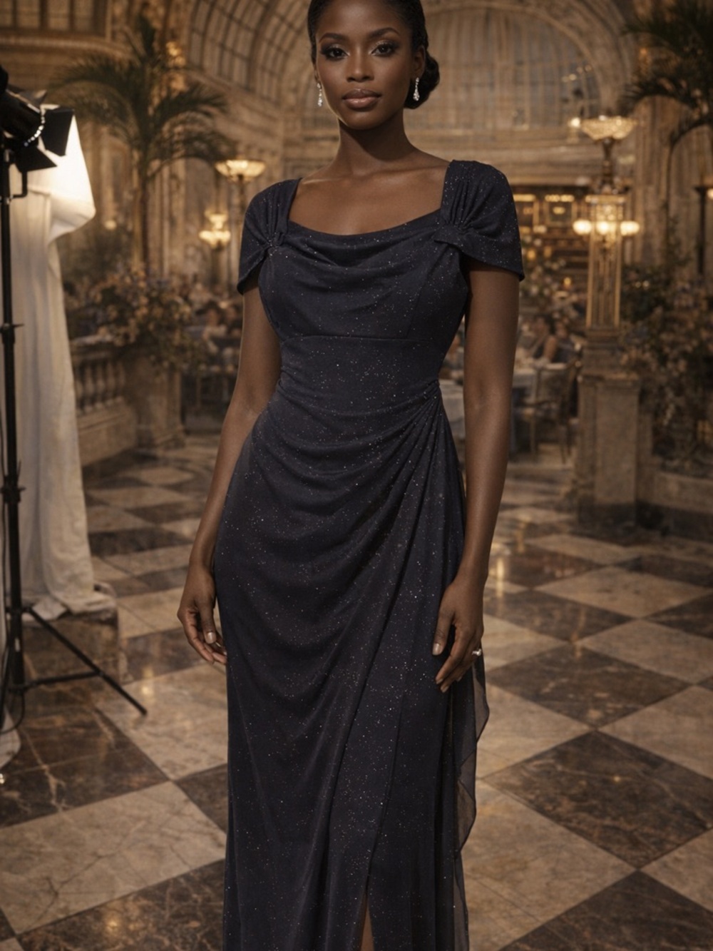 Elegant Charcoal Grey Sparkle Draped Evening Dress